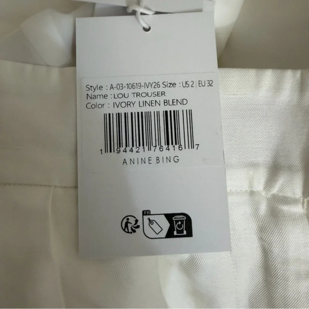 ANINE BING Lou pleated woven wide-leg pants Ivory‎ white Linen Blend size 2 NWT